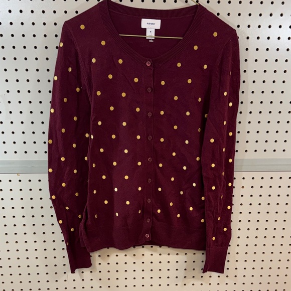Old Navy Women's Burgundy and Gold Polka Dot Cardigan - Picture 1 of 9
